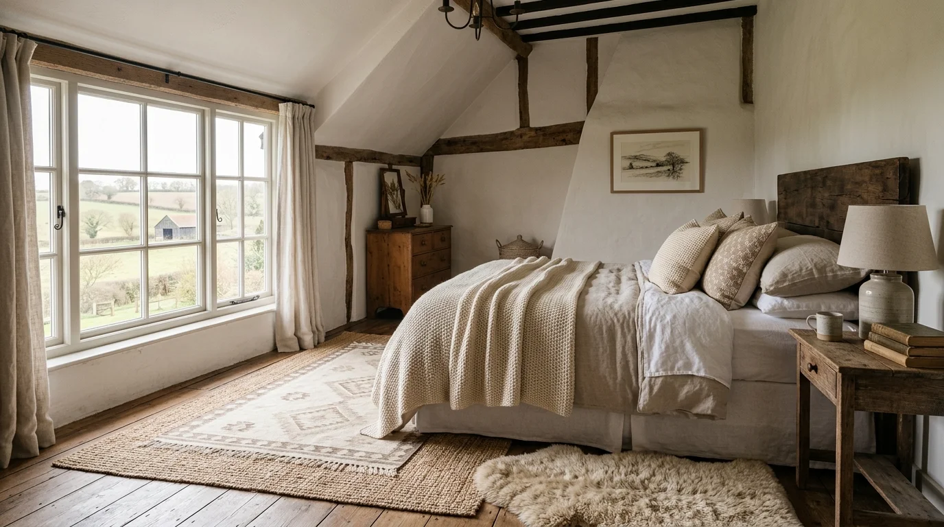 A farmhouse bedroom with layered rugs woven textures and neutral tones soft natural light comfortable relaxing feel no people