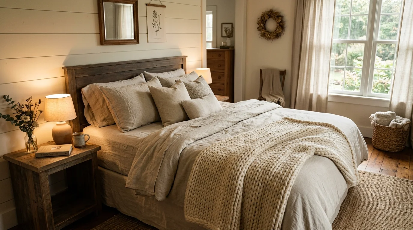 A bed styled with linen bedding and a chunky knit throw paired with simple decor warm lighting cozy farmhouse touch no people