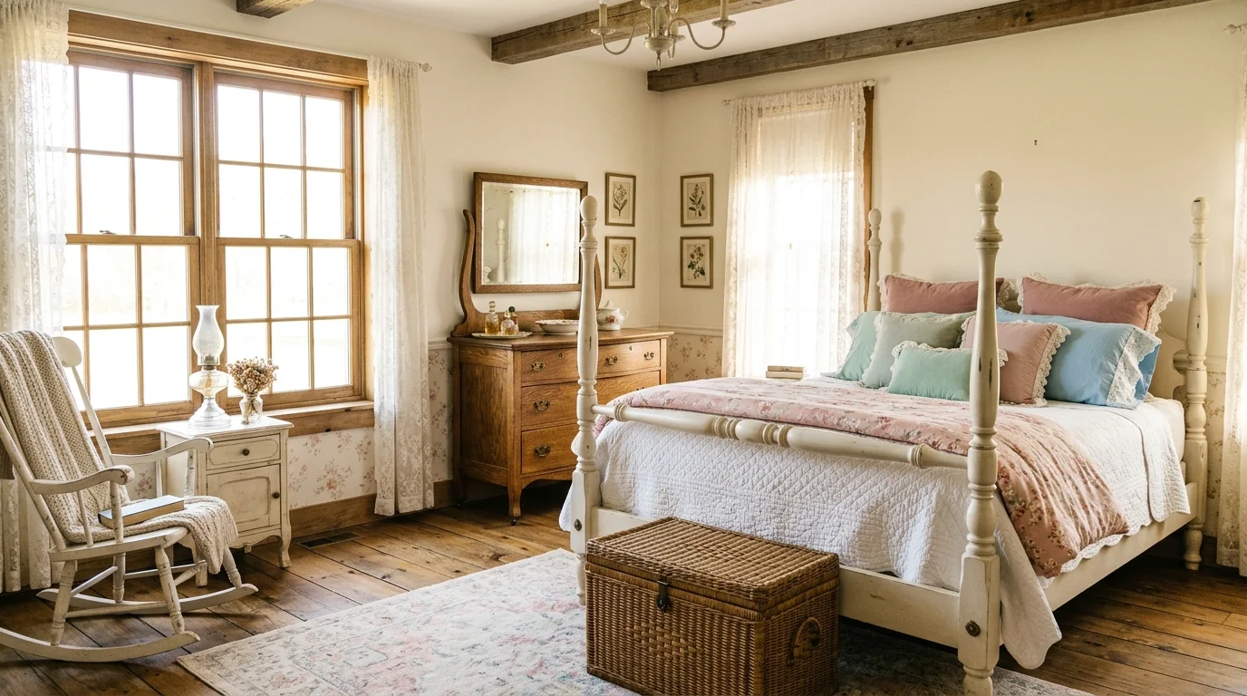 A bedroom with antique style furniture and soft pastel accents bright natural light vintage farmhouse elegance no people