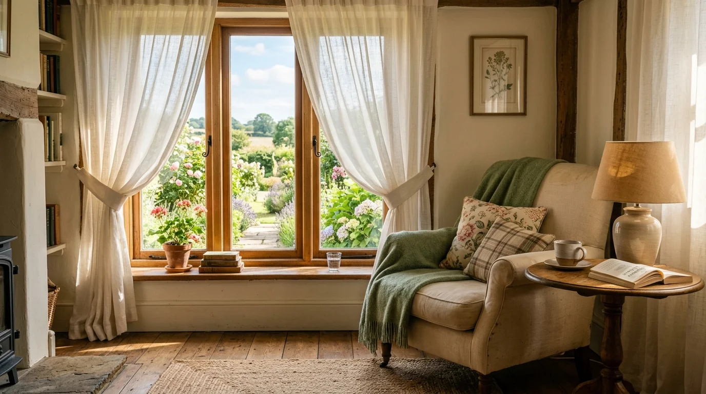 A window area with sheer curtains allowing sunlight to filter through paired with a small seating area soft lighting peaceful rural charm no people