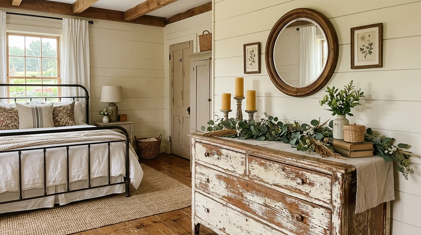 A bedroom with a distressed dresser decorated with candles and greenery warm lighting classic farmhouse styling no people