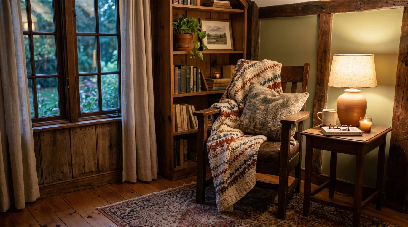 A cozy nook with a wooden chair layered with a blanket and pillow soft lighting inviting restful corner no people