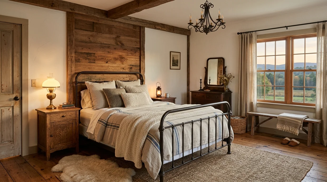 A farmhouse bedroom with a mix of wood metal and fabric textures creating a balanced rustic design warm lighting tranquil retreat no people