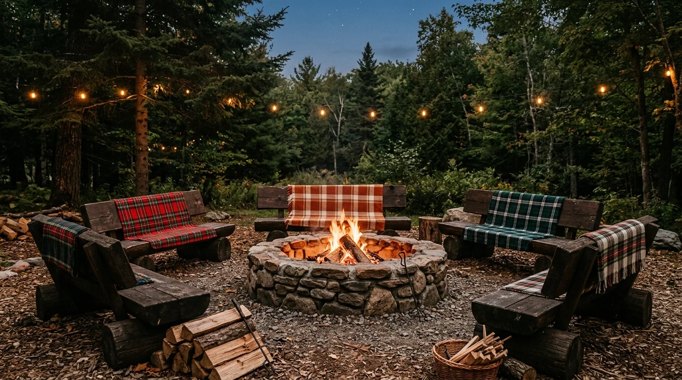 A rustic fire pit area with wooden benches and plaid blankets placed around a stone pit warm glowing light cozy gathering spot no people