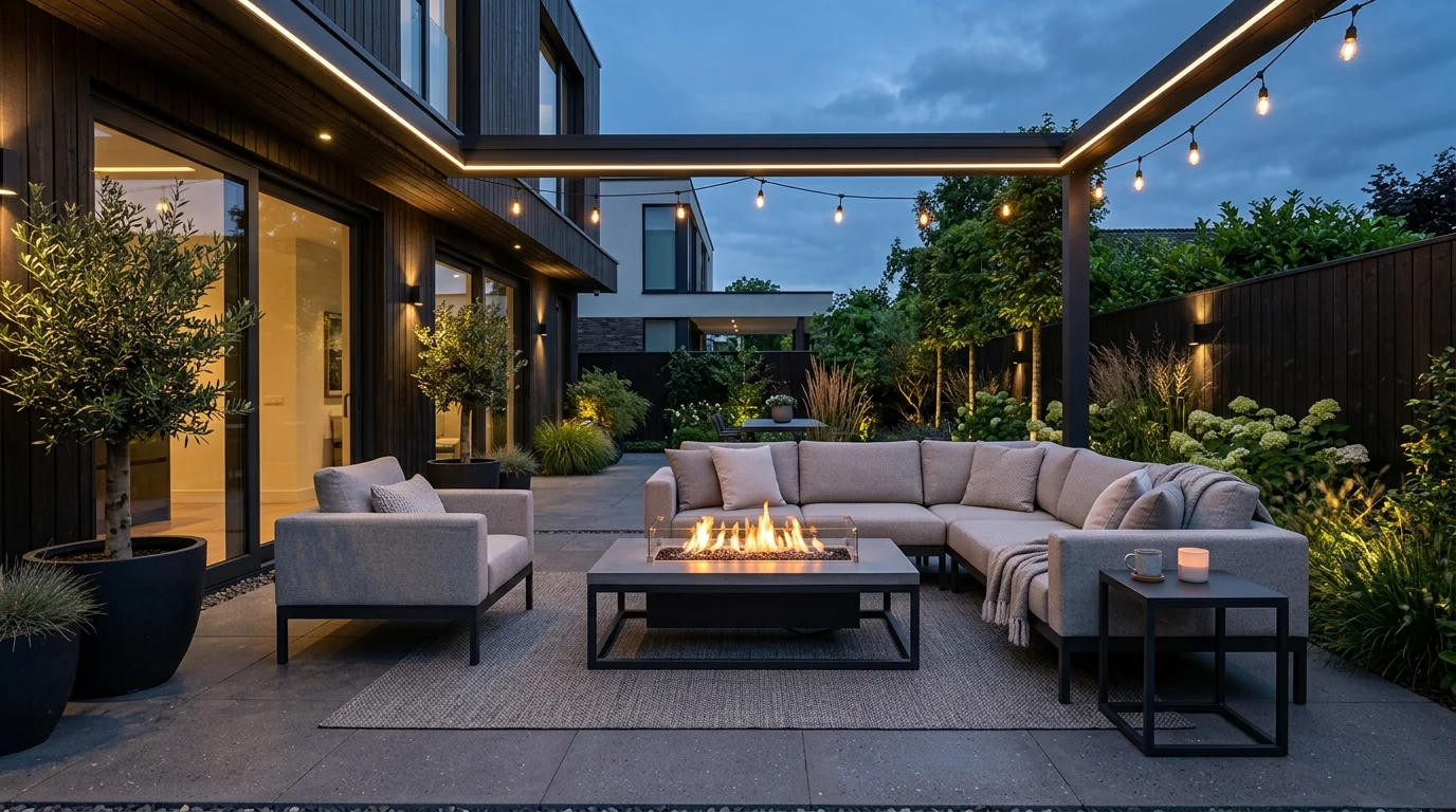 A modern patio with a sleek fire pit table and minimalist outdoor furniture soft lighting stylish contemporary outdoor design no people