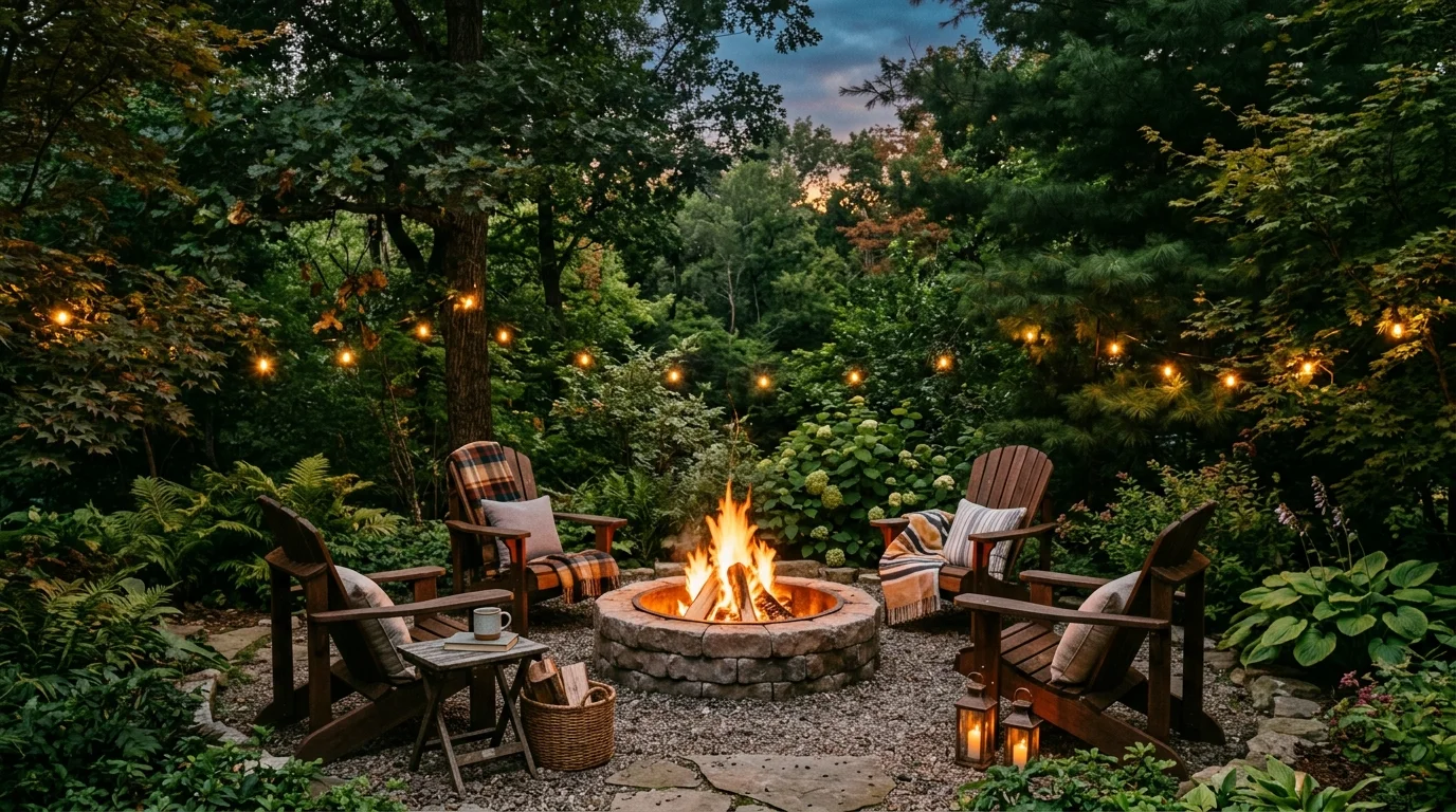 A fire pit setting with Adirondack chairs arranged around it and surrounded by greenery warm lighting relaxed outdoor retreat no people