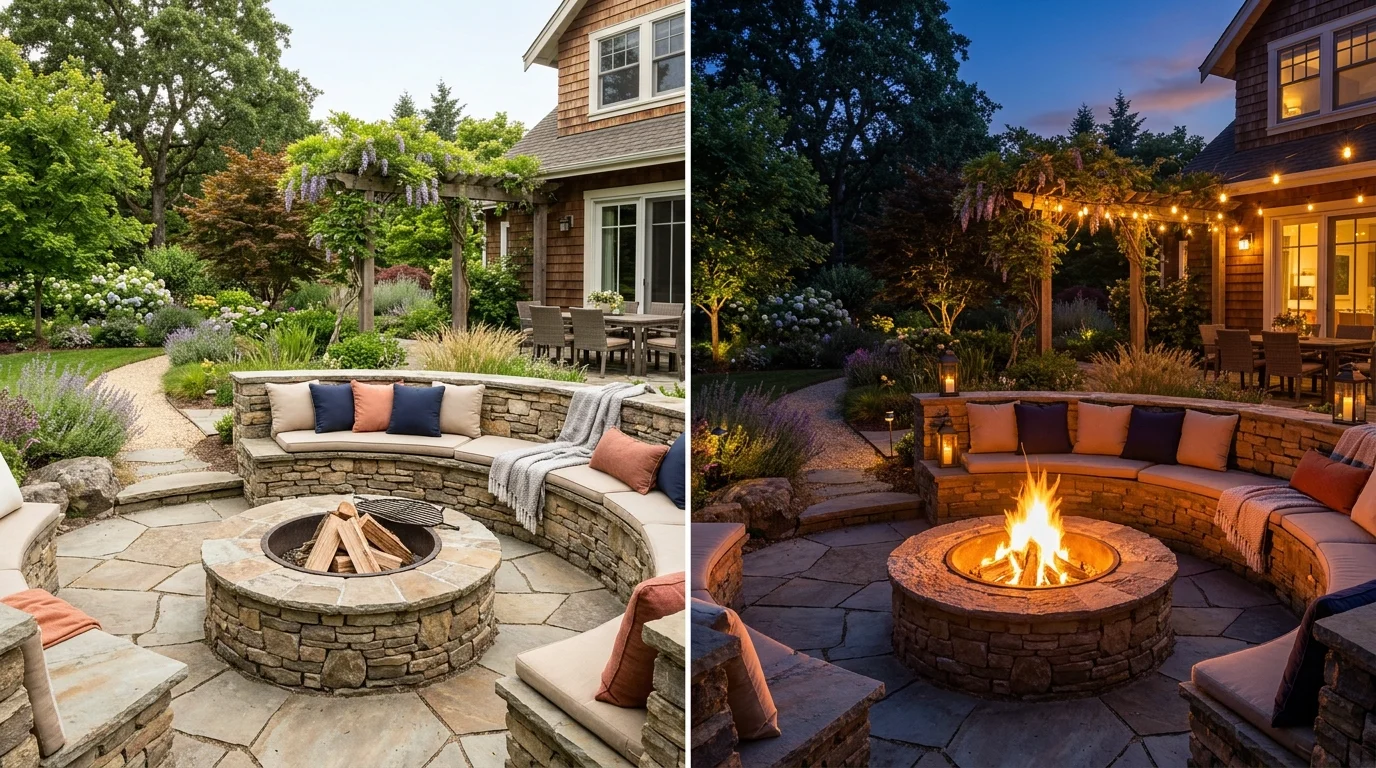 A backyard with a built in fire pit and stone seating bright natural daylight transitioning to cozy evening ambiance no people
