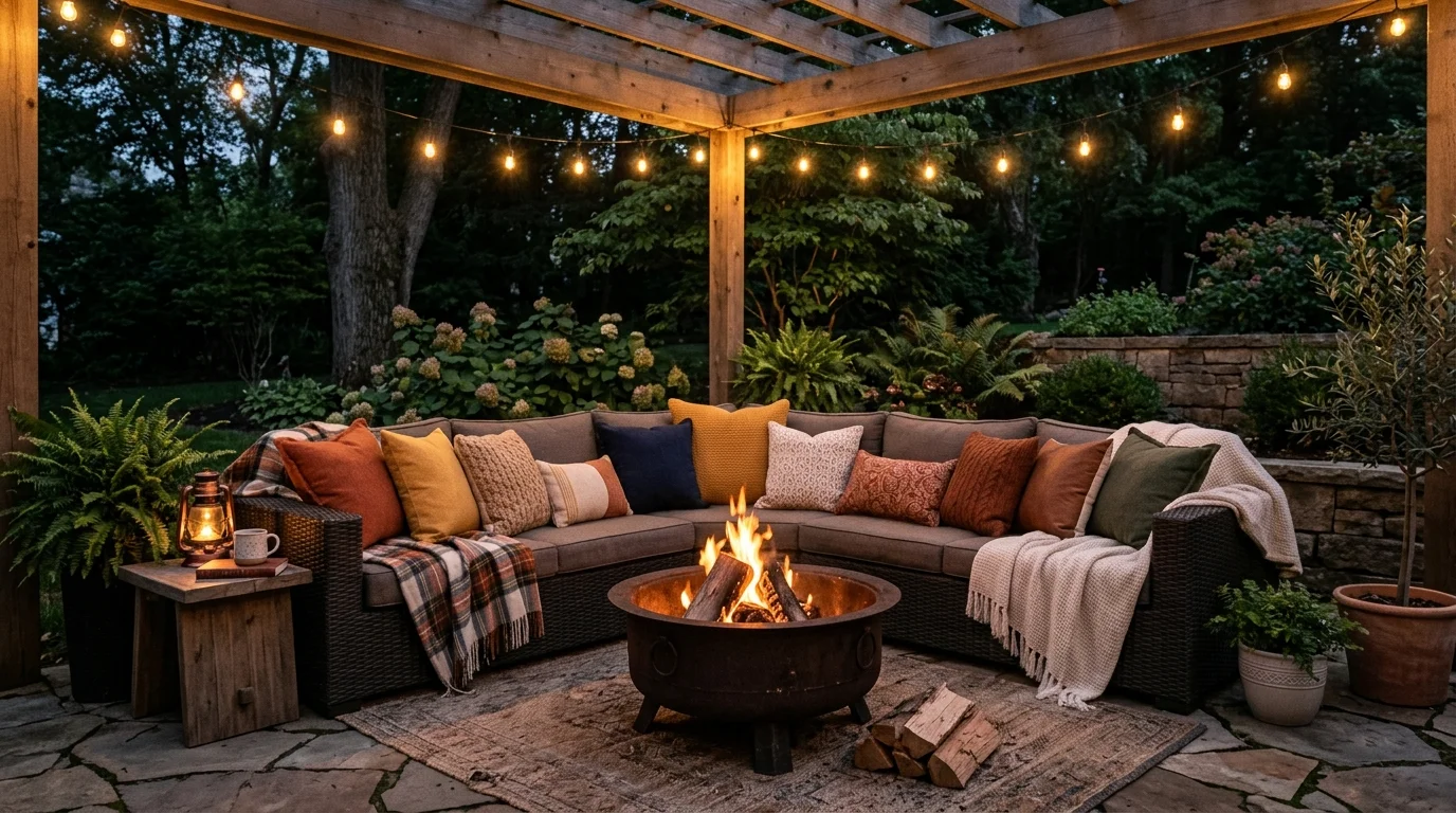 A cozy fire pit corner with a sectional outdoor sofa and layered cushions warm ambient lighting inviting lounging space no people