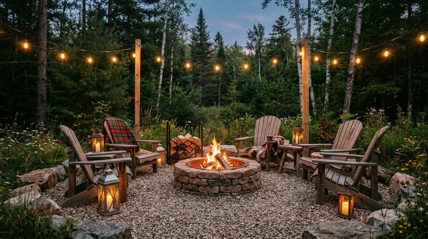 A fire pit with a gravel base and wooden chairs paired with lanterns soft lighting rustic outdoor charm no people