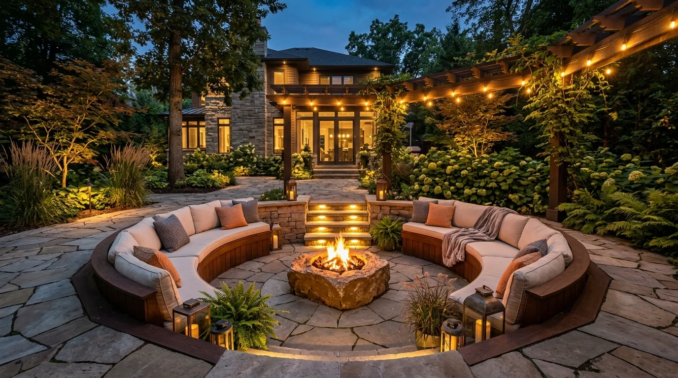 A patio with a sunken fire pit seating area surrounded by built in benches warm lighting luxurious outdoor gathering space no people