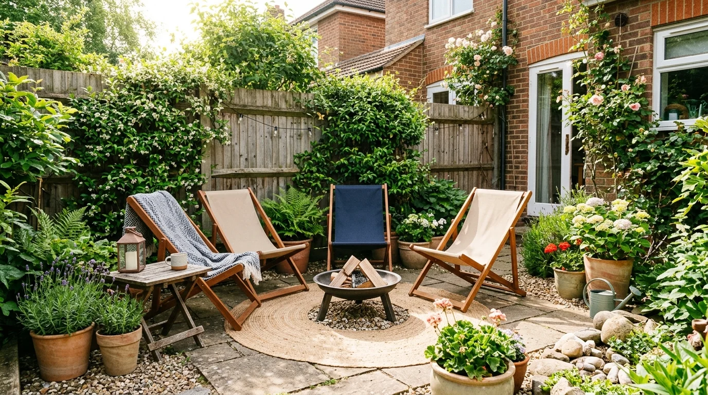 A small backyard with a compact fire pit and foldable chairs bright natural light efficient cozy setup no people