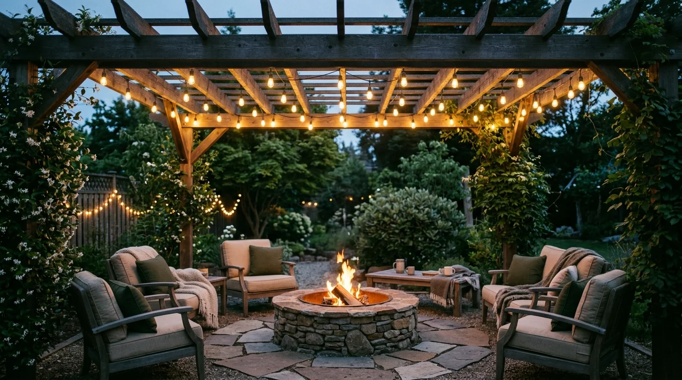 A fire pit area with pergola overhead and string lights warm lighting dreamy outdoor environment no people