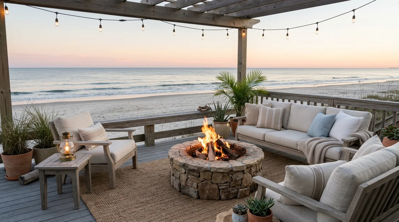 A coastal style fire pit with light furniture and neutral tones soft lighting breezy relaxed vibe no people