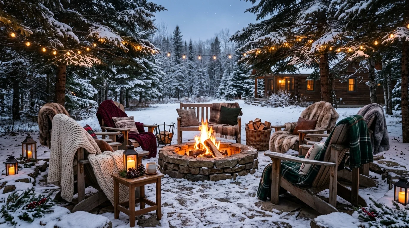 A winter ready fire pit setting with thick blankets and warm decor soft lighting cozy seasonal outdoor space no people