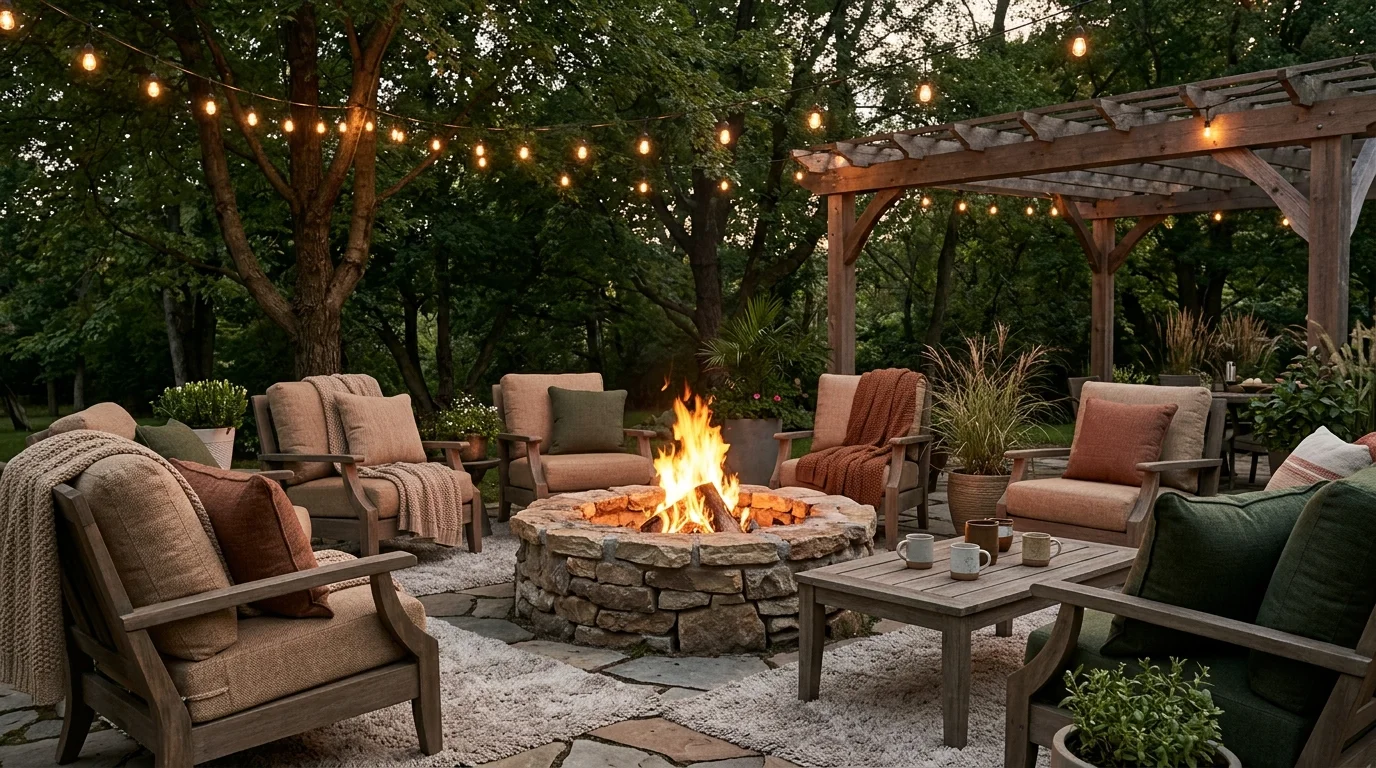 A fire pit with a mix of textures including wood stone and fabric warm lighting harmonious outdoor design no people
