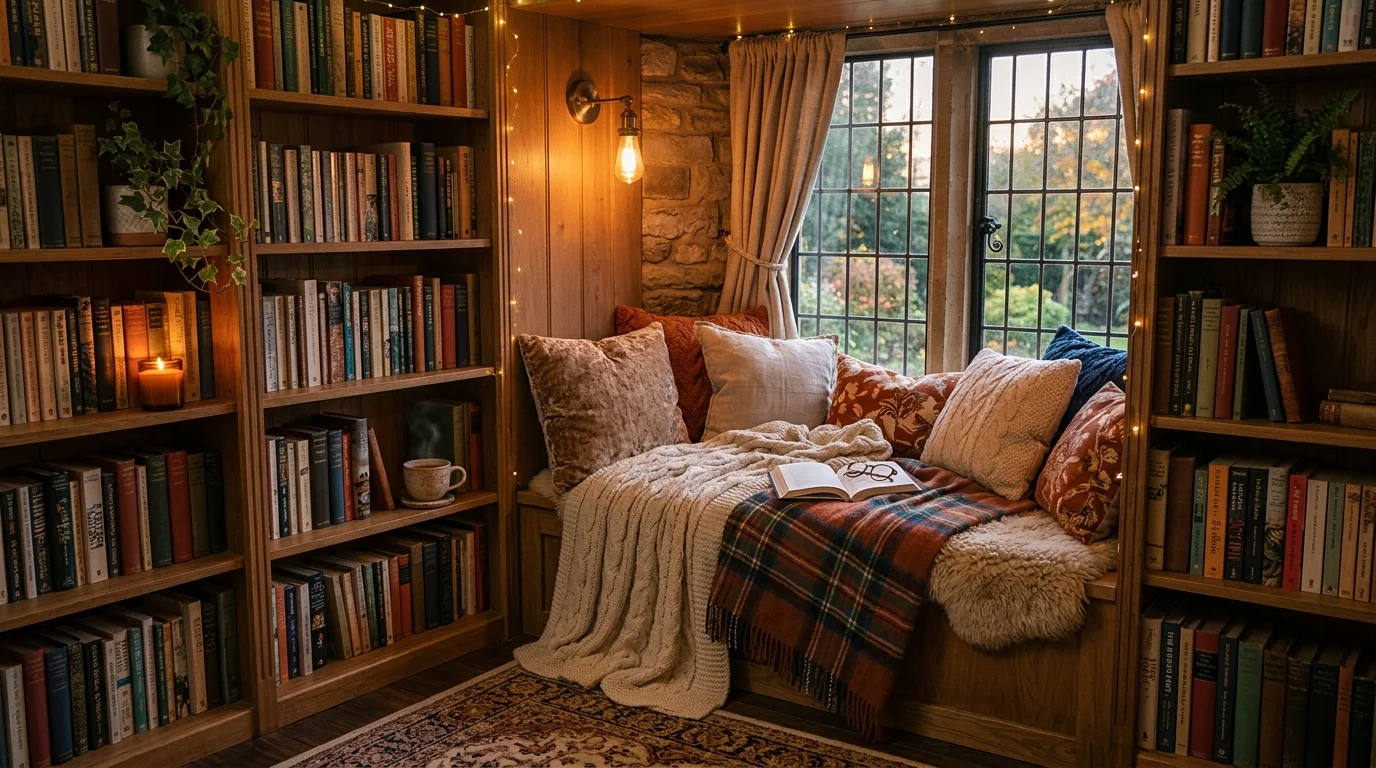A reading nook with a built in bench layered with cushions and blankets surrounded by bookshelves warm ambient lighting inviting cozy atmosphere no people