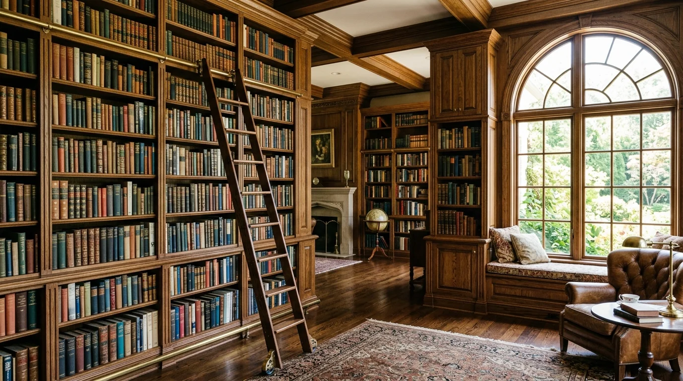 A home library with a wooden ladder leaning against tall shelves filled with books bright natural daylight classic elegant design no people