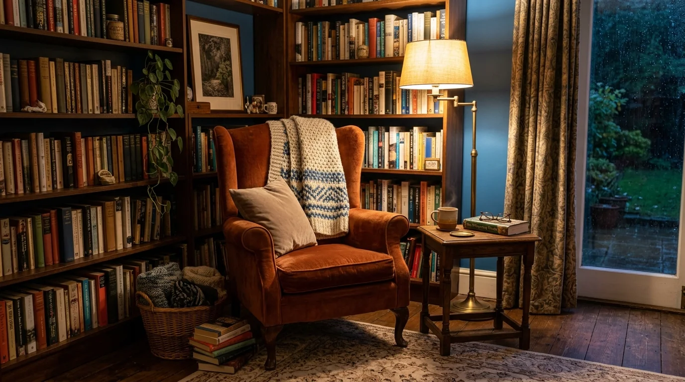 A cozy corner with a plush armchair small side table and a reading lamp warm soft lighting intimate book lover’s retreat no people