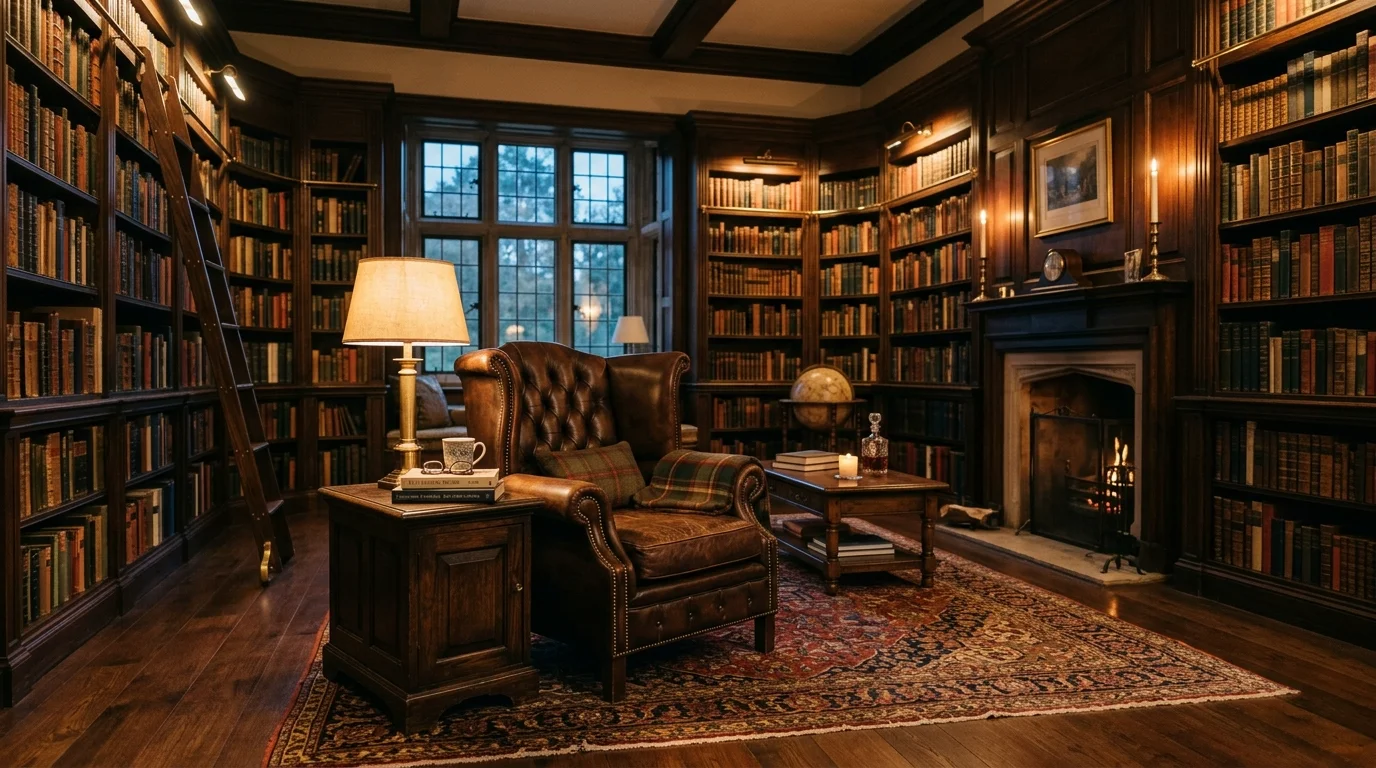 A library room with dark wood shelves a leather chair and a rug soft lighting sophisticated cozy environment no people