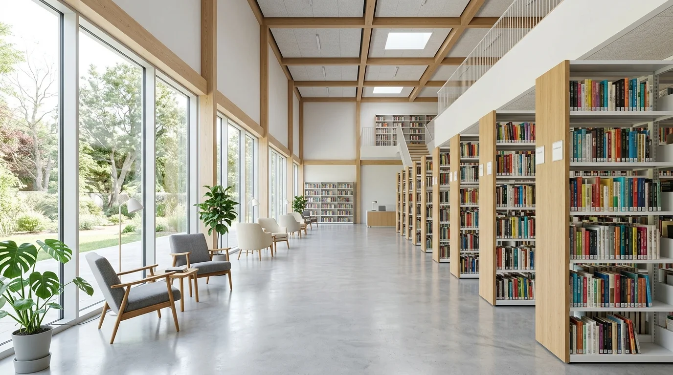 A modern library with minimalist shelves and neatly arranged books bright natural light clean calm reading space no people