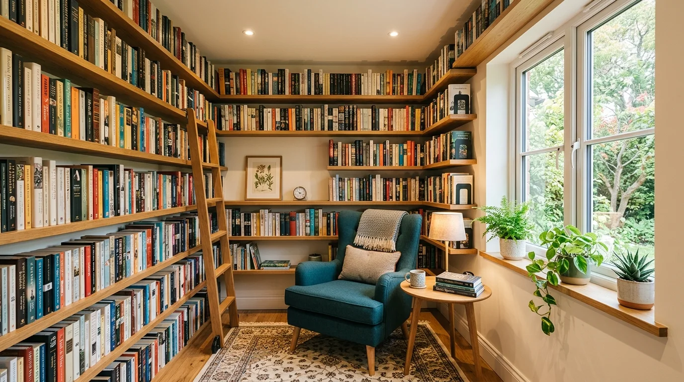 A small library with wall mounted shelves and a compact chair bright lighting efficient cozy design no people