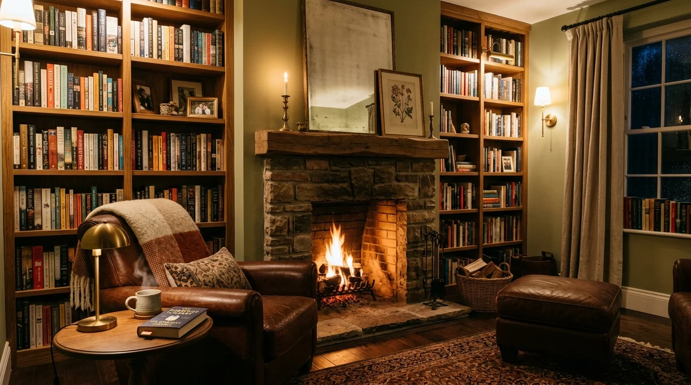 A room with a fireplace and bookshelves on either side with a comfortable seating area warm lighting cozy inviting reading spot no people