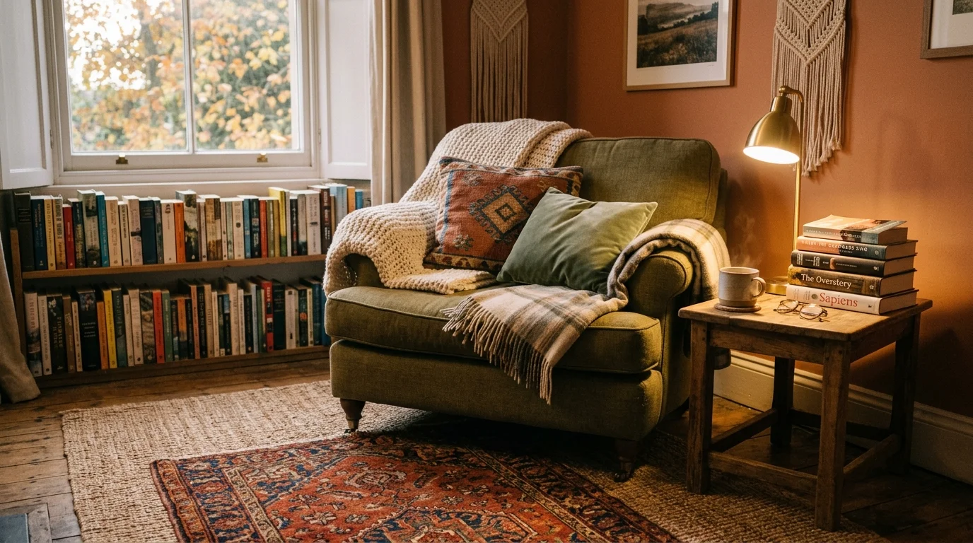 A cozy space with layered rugs soft cushions and books stacked on a side table warm ambient lighting relaxed reading vibe no people