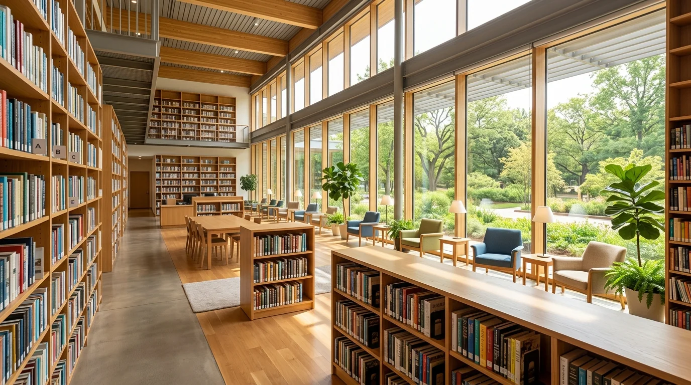 A library with large windows allowing sunlight to illuminate shelves and seating bright natural daylight airy reading environment no people