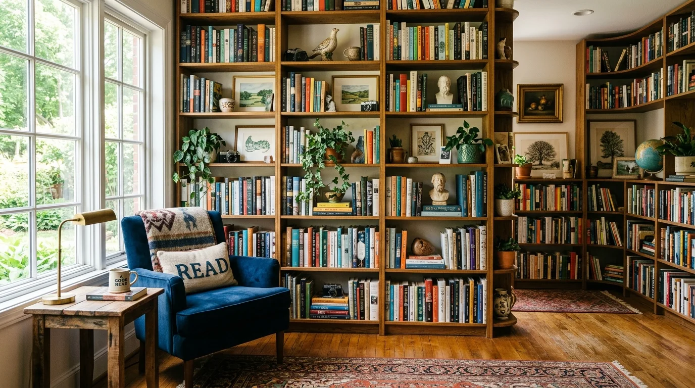 A creative library with a mix of books art and decor pieces arranged on shelves bright lighting personalized cozy design no people