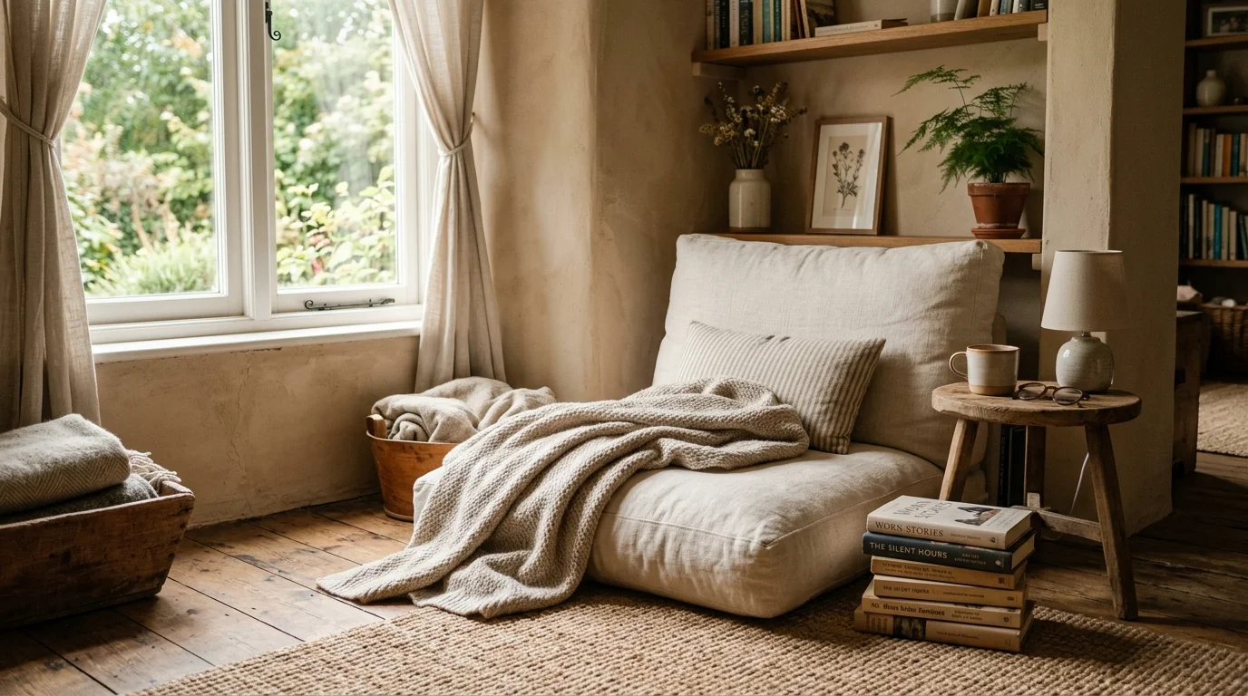 A quiet reading nook with a floor cushion and a small stack of books soft lighting calm peaceful retreat no people