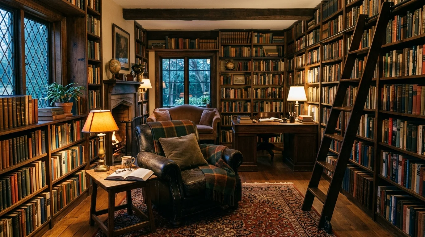 A home library with warm lighting comfortable seating and a large collection of books creating a true book lover’s sanctuary no people