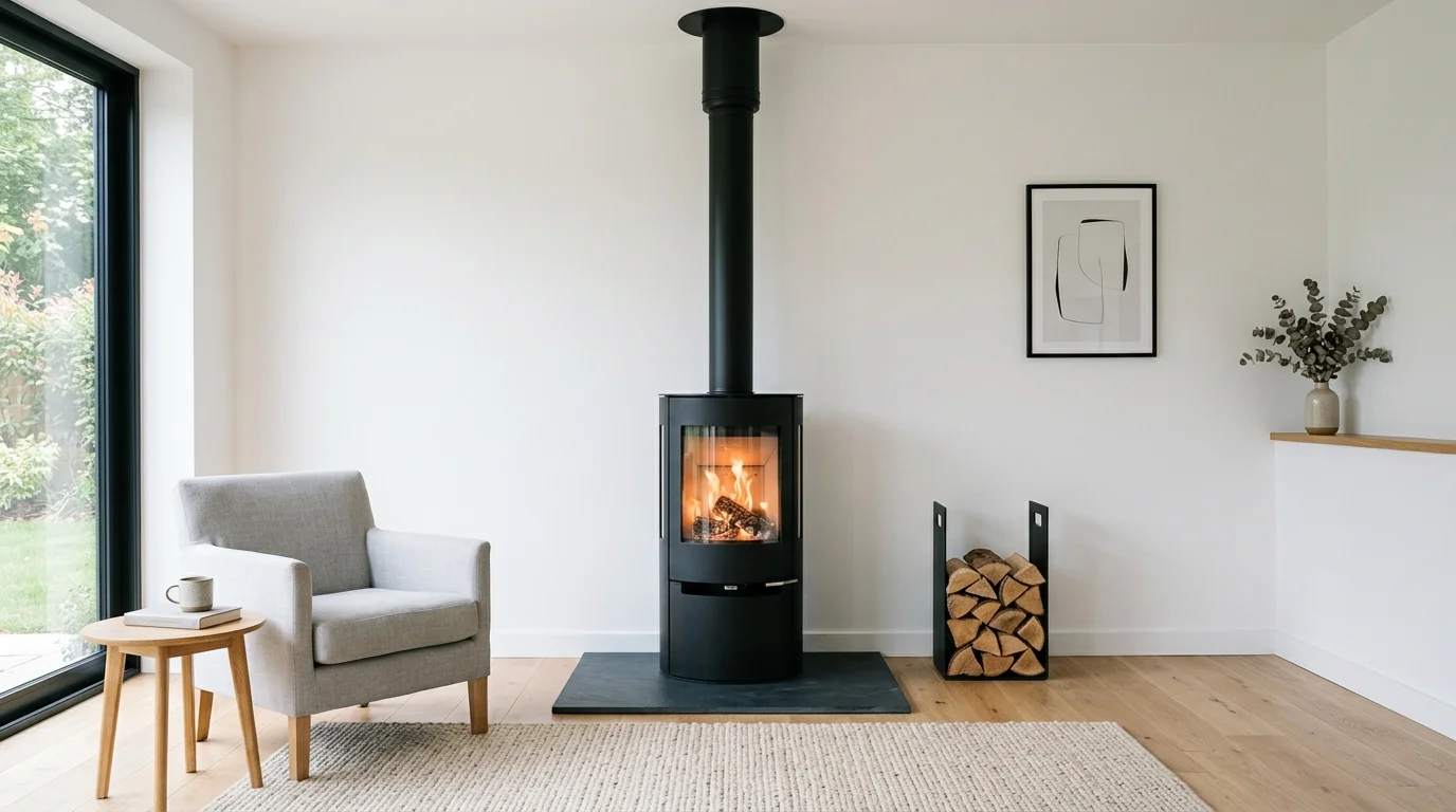 A modern minimalist interior with a sleek black wood burning stove against a white wall, clean lines, light wood flooring, subtle decor accents, soft natural daylight, calm neutral palette, straight-on composition, no people