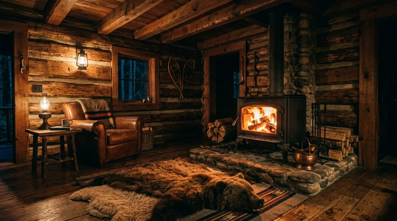 A cabin-style setting with a wood burning stove surrounded by log walls, fur rugs, wooden beams, flickering firelight casting shadows, deep warm tones, intimate atmosphere, slightly angled shot, no people