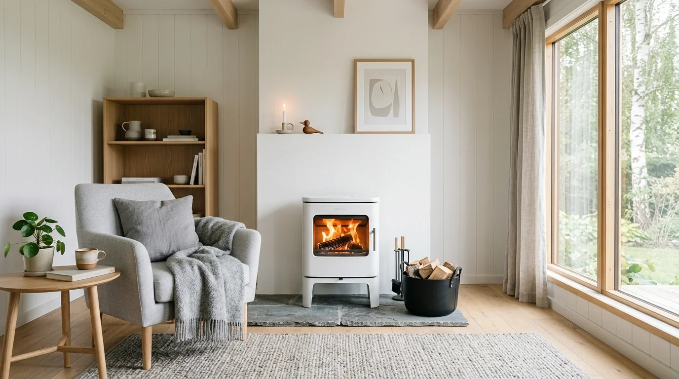 A Scandinavian-inspired room with a compact white wood burning stove, light wood furniture, minimal decor, soft gray textiles, bright diffused daylight, airy and warm mood, centered composition, no people