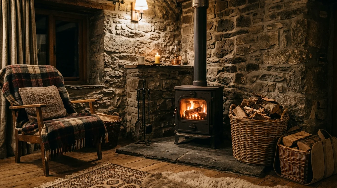 A rustic corner setup with a freestanding wood burning stove, stone wall backdrop, woven baskets filled with logs, dim warm lighting, textured materials, cozy and quiet ambiance, side-angle shot, no people