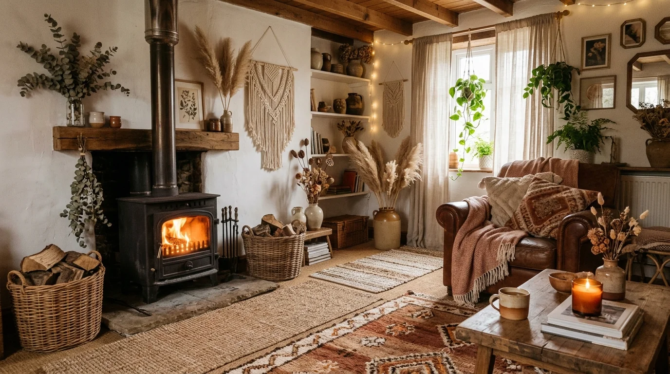 A boho-style living space with a wood burning stove, layered rugs, macrame wall hangings, earthy tones, dried plants, soft glowing firelight, relaxed inviting feel, angled perspective, no people