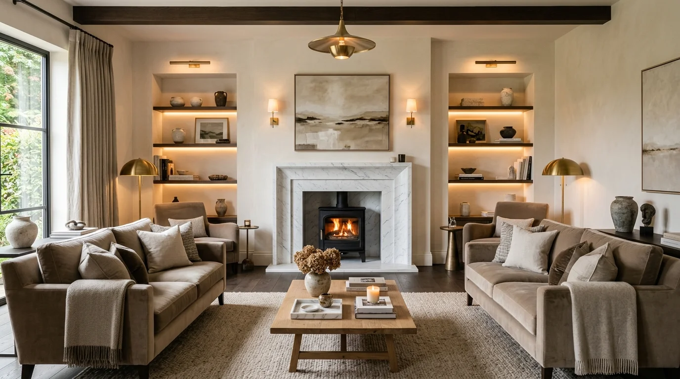 A luxury living room with a designer wood burning stove, marble surround, plush seating, elegant decor accents, warm ambient lighting, refined neutral palette, symmetrical wide shot, no people