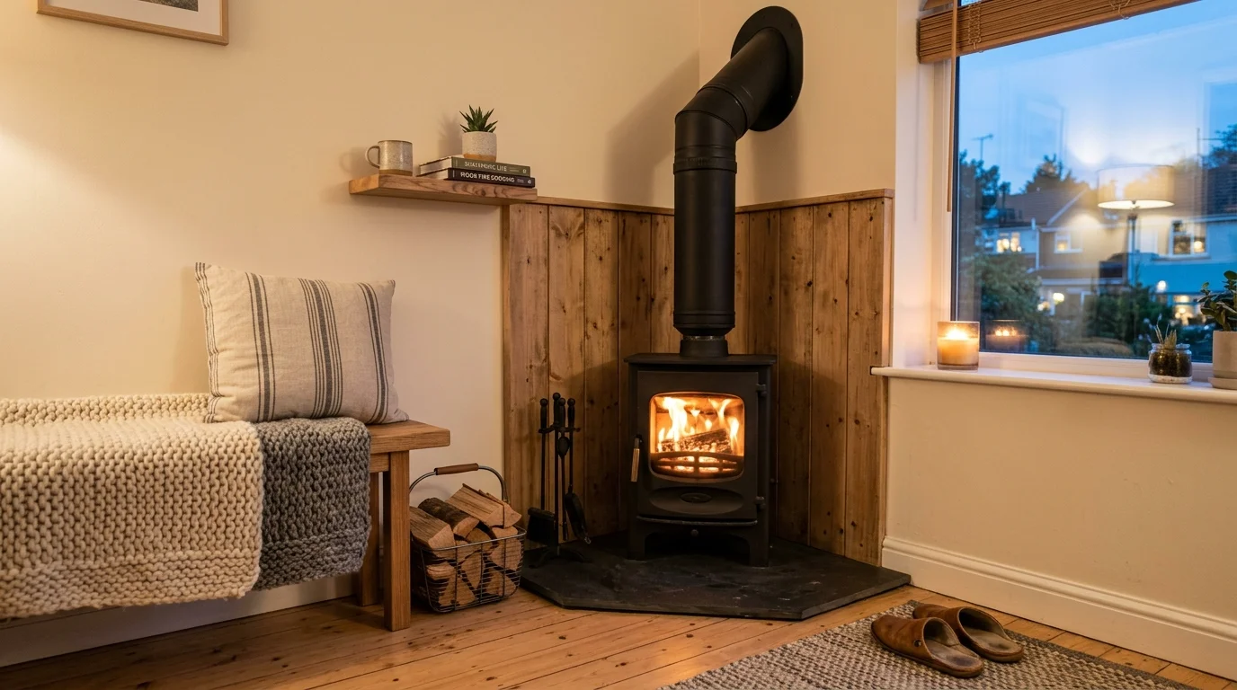 A small apartment setup with a compact wood burning stove in a corner, efficient layout, simple decor, light neutral tones, soft evening light, practical cozy feel, close-up angle, no people