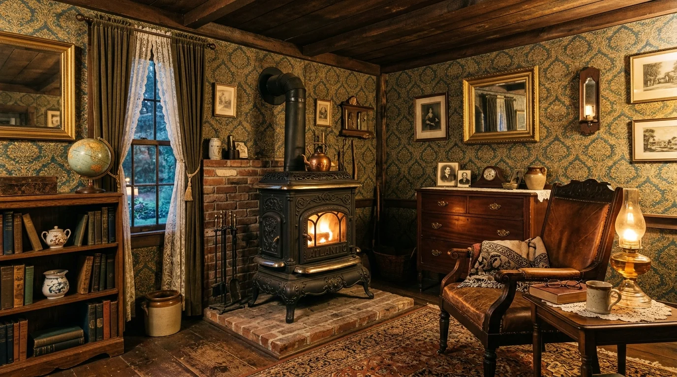 A vintage-inspired room with an ornate cast iron stove, patterned wallpaper, antique furniture, warm golden lighting, nostalgic charm, detailed textures, side perspective shot, no people
