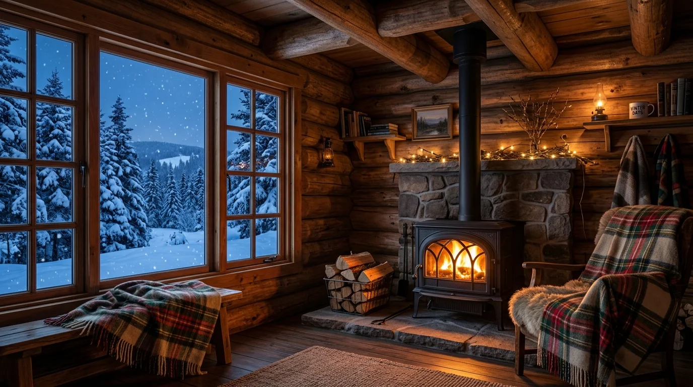 A winter cabin scene with a wood burning stove glowing brightly, snow visible through large windows, thick blankets, wooden interior, warm contrast against cold outdoors, wide-angle composition, no people