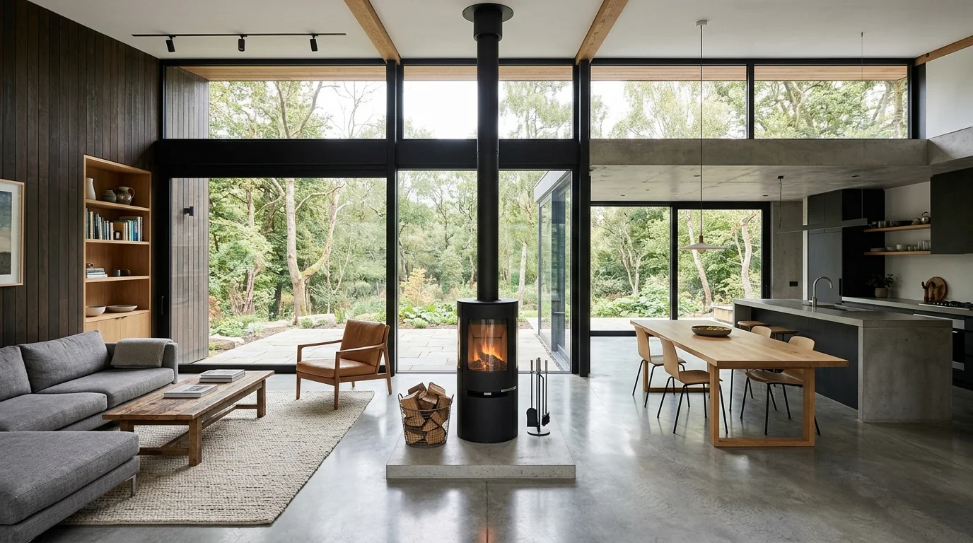 A contemporary open-plan space with a central wood burning stove, concrete flooring, large glass windows, modern furniture, balanced warm and cool tones, natural daylight, wide shot, no people