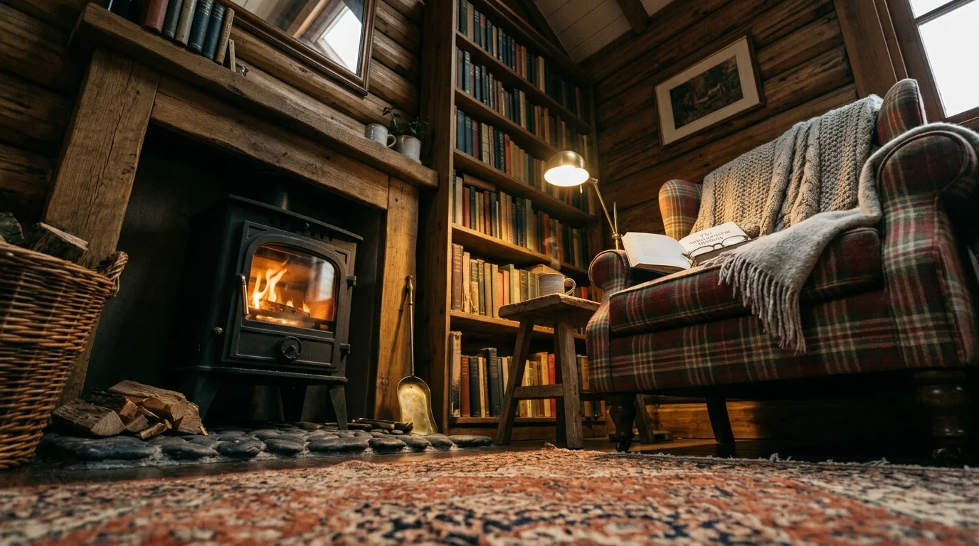 A cozy reading nook with a small wood burning stove, armchair, stacked books, soft lighting, layered textiles, intimate and peaceful mood, close-up framing from a low angle, no people