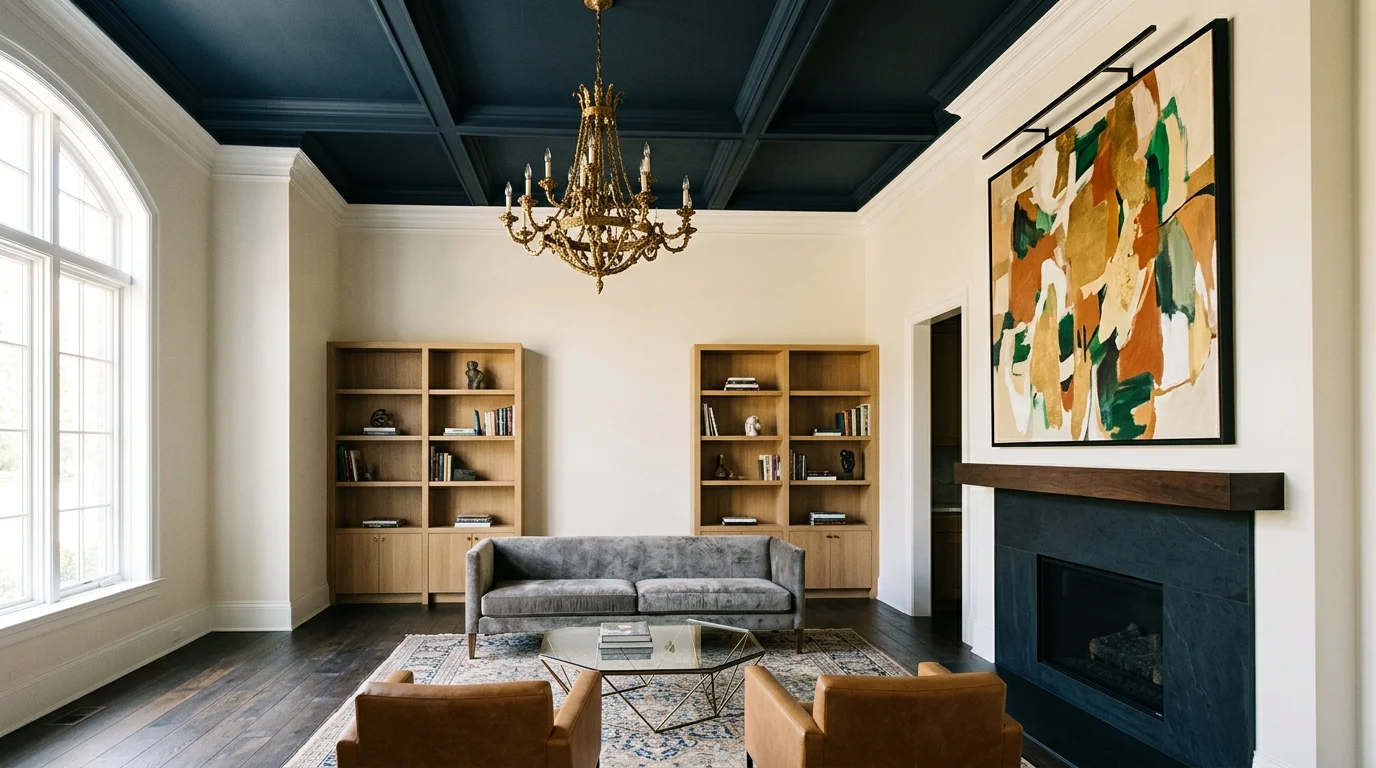 A room with a bold painted ceiling in a deep color contrasting with neutral walls bright lighting dramatic unexpected focal point no people