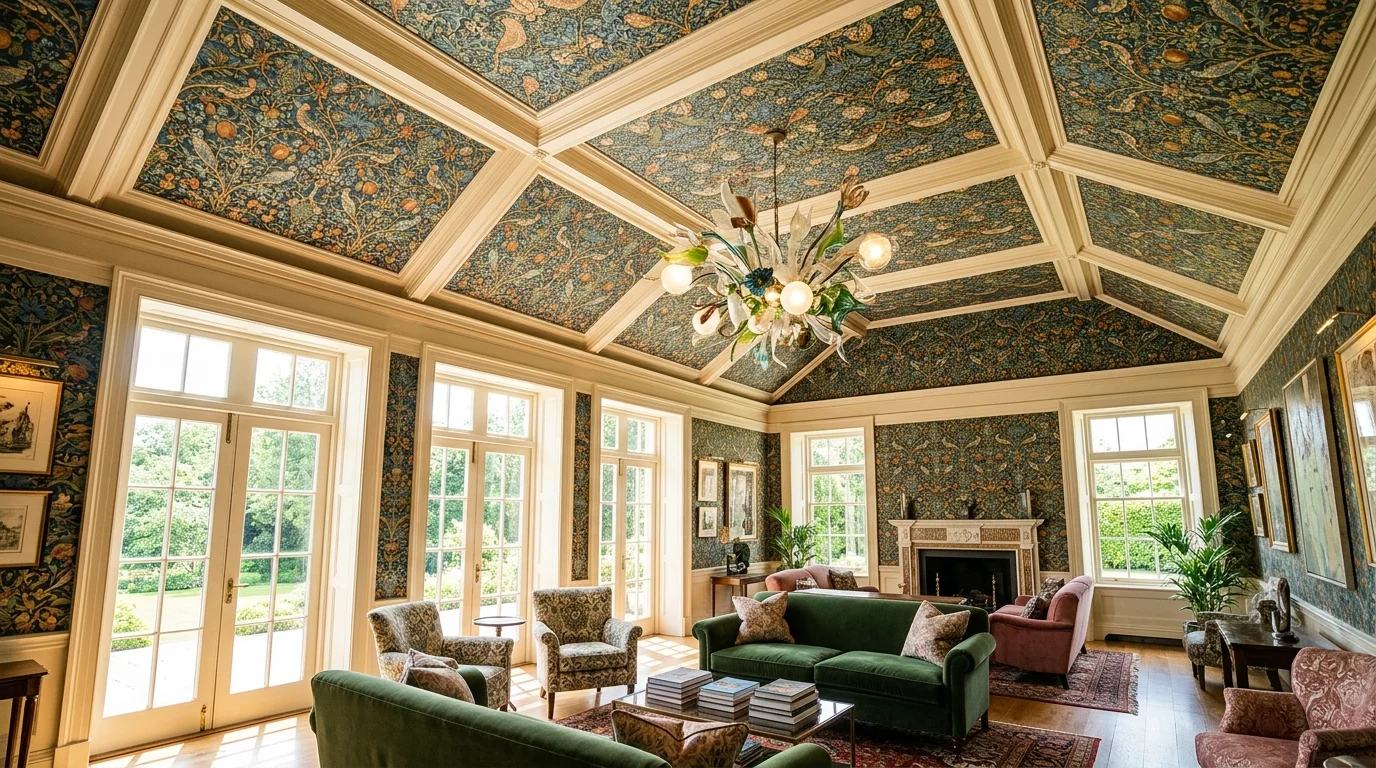 A space with a ceiling covered in wallpaper featuring intricate patterns bright natural light unique decorative element no people