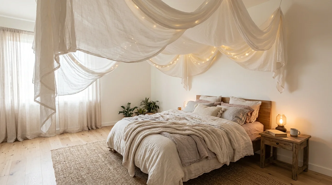 A bedroom with a canopy of sheer fabric draped across the ceiling soft lighting dreamy romantic overhead design no people