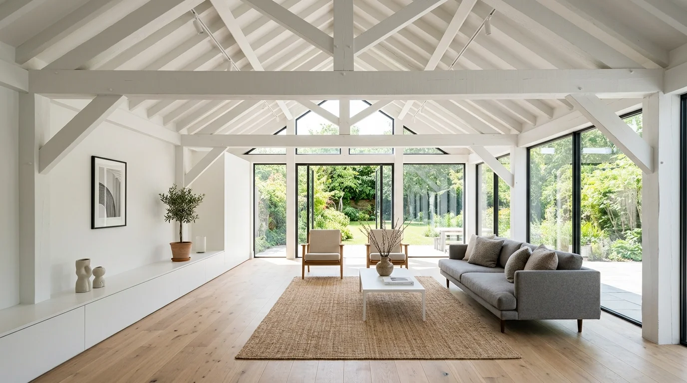 A modern room with exposed beams painted white paired with minimalist decor bright natural daylight clean architectural detail no people