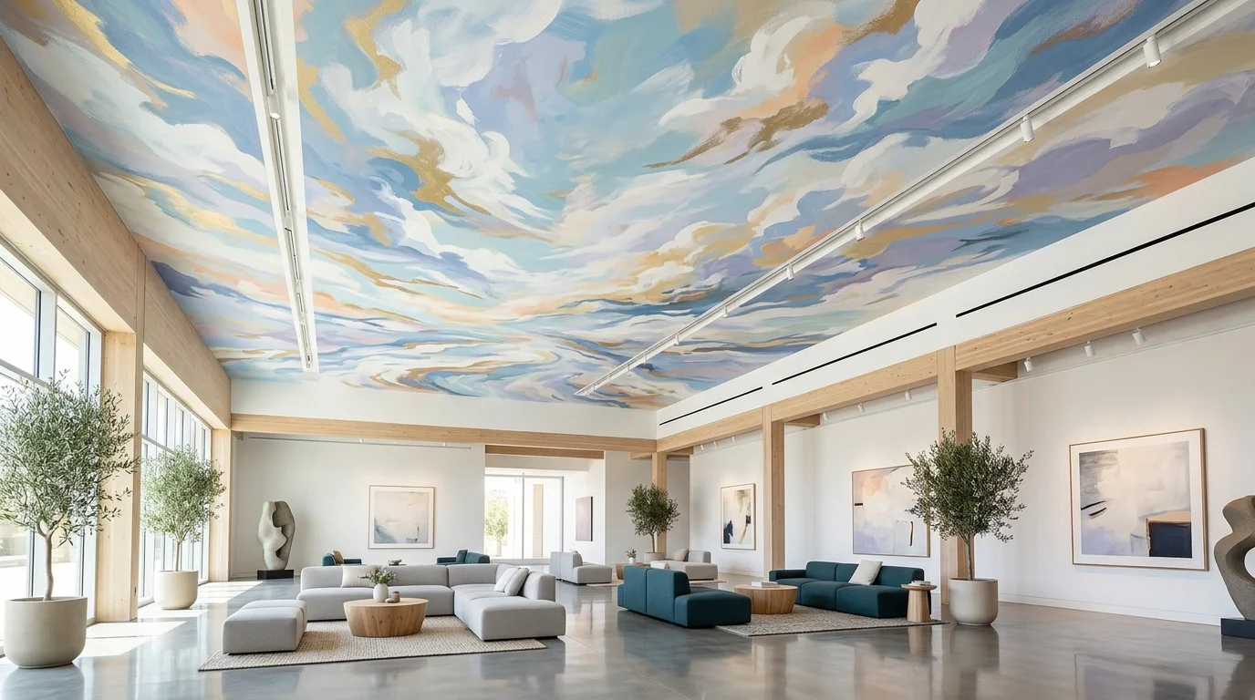 A space with a ceiling mural featuring clouds or abstract art bright lighting artistic statement above no people