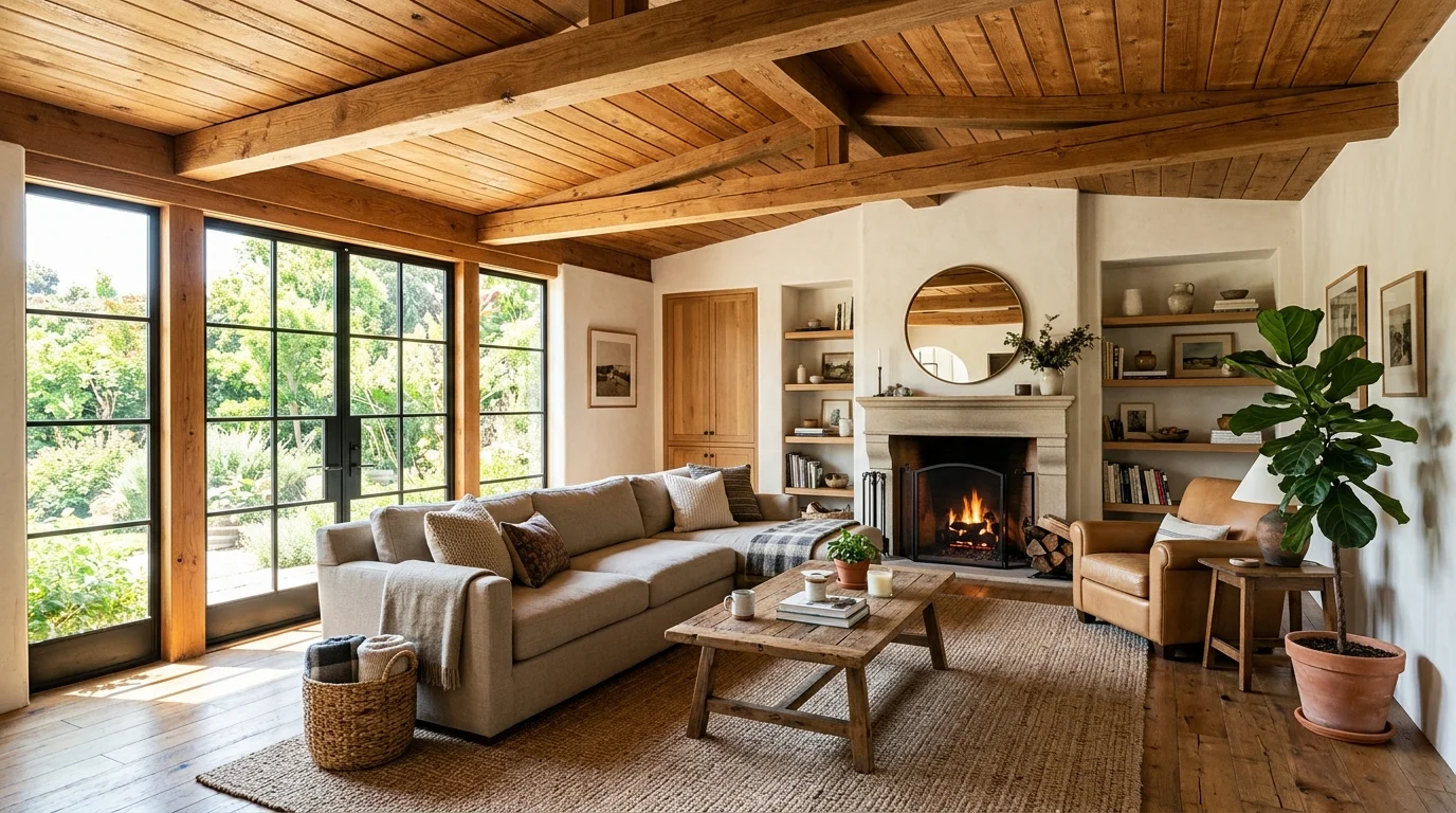 A living room with a wooden plank ceiling adding warmth and texture bright natural light rustic stylish appeal no people