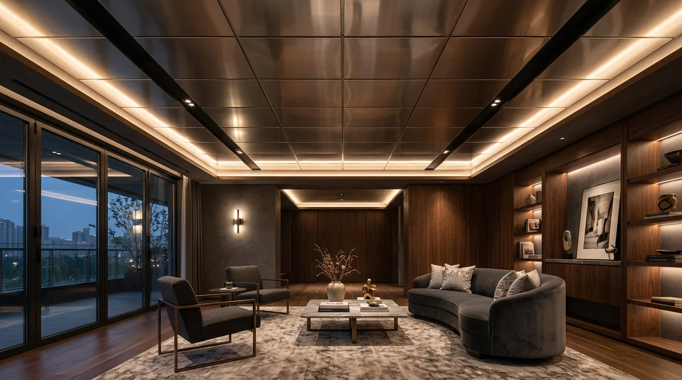 A room with metallic ceiling panels reflecting light soft ambient lighting luxurious modern look no people