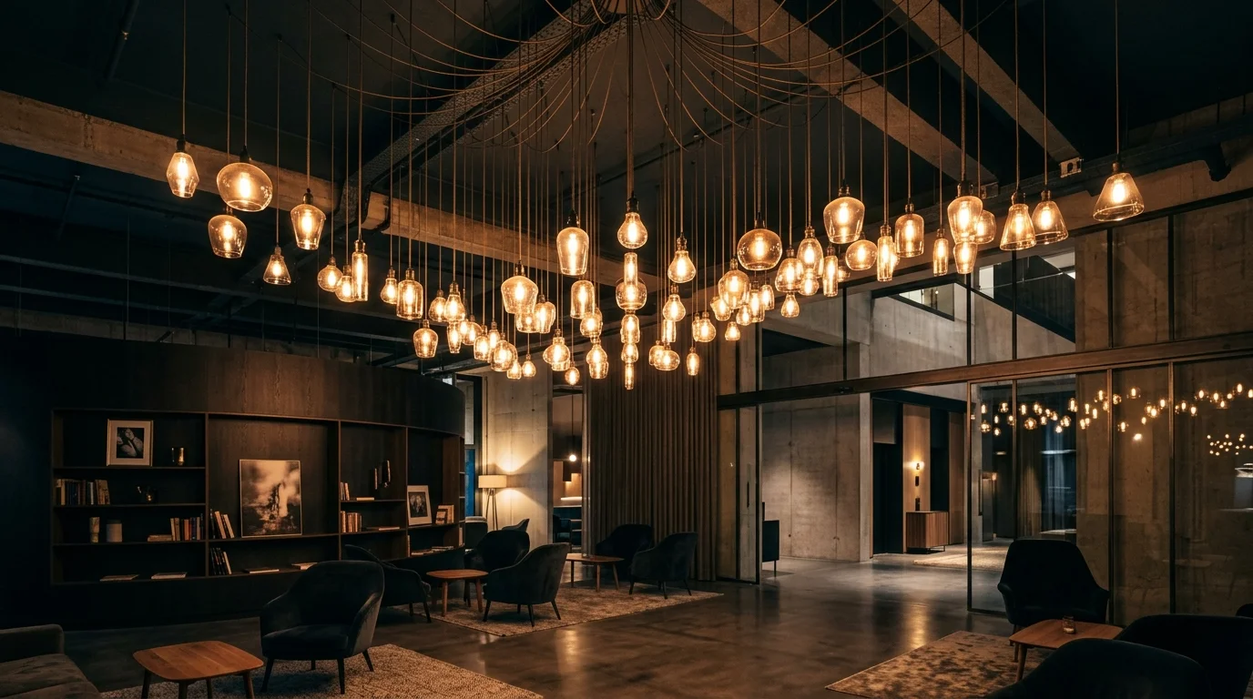 A space with hanging pendant lights arranged at varying heights soft lighting dynamic visual interest no people